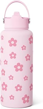 SANDJEST Floral Water Bottle Stainless Steel 32oz with Lid & Straw, Daisy Insulated Bottles Gifts for Women Girls Friends Teens Birthday Christmas