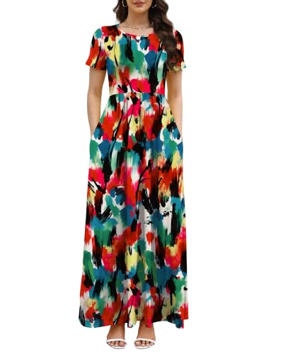 Image of COSSEN Women's Crew Neck Short Sleeve Maxi Dress with Pockets Casual Loose Swing for Wedding Guest Beach Vacation