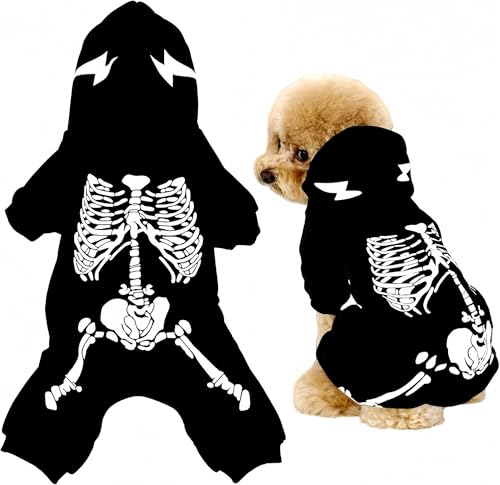 Glow-in-The-Dark Skeleton Pet Costume - Luminous Hooded Outfit for Small & Medium Dogs Perfect for Halloween and Nighttime Fun L