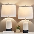 Luvkczc Modern Ceramic Lamps for Bedrooms Set of 2, 3-Color Temperature Table Lamp Bedside Nightstand Desk Reading Lamp with Fabric Drum Shade for Bedroom, Living Room, 2 Bulbs Included (21.4")