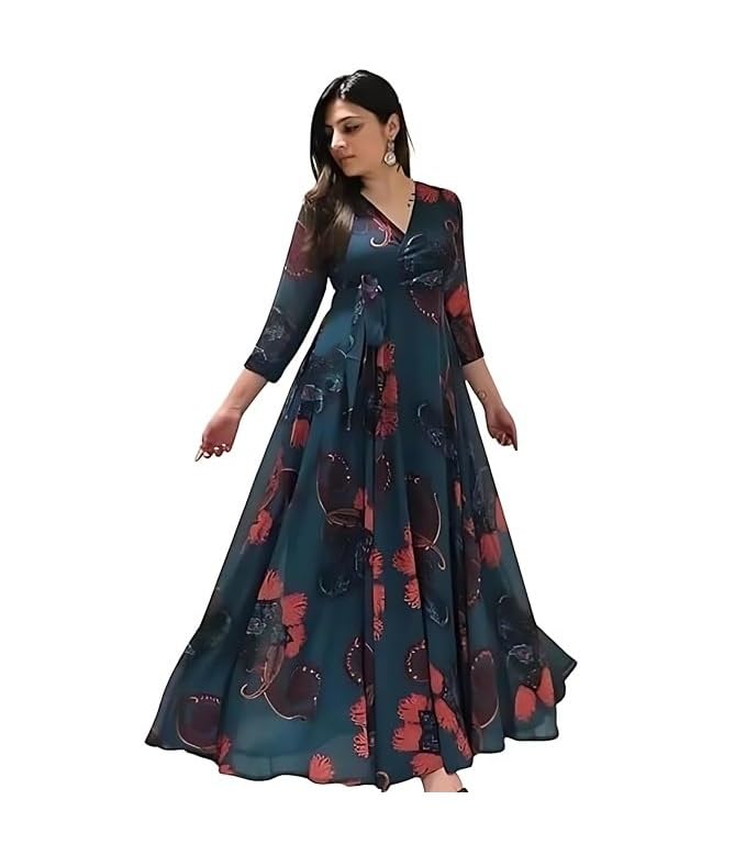 dwellify Women's Georgette Midi Dress with Floral Printed Pattern Long Sleeves Knee Length V Neck A Line Style and Regular Fit-picture-34