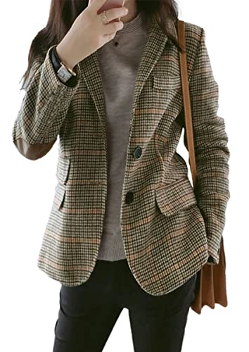 Women's Fashion Notched Lapel Wool Plaid Blazer Slim Long Sleeve Jacket with Elbow Patch