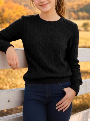 Image of Girls Sweaters Winter Tops Kids School Picture Teen Fashion Long Sleeve Crew Neck Cable Knit Casual Fall Cozy Pullover