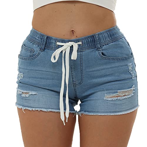 Yyibsones Women's Elastic Waist Denim Shorts Drawstring Stretchy Ripped Frayed Raw Hem Short Jeans (Light Blue, S, s)