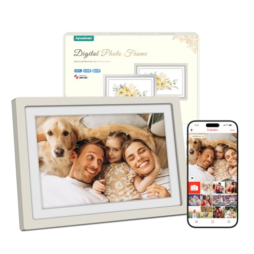 Digital Photo Frame WiFi 10.1 Inch Frameo Digital Picture Frame, 32GB Memory, 1280 * 800 HD IPS Touch Display, Auto-Rotation, Share Photos Videos via Frameo APP, Gifts for Women Men, Light Greige option