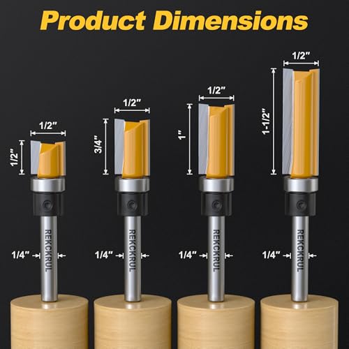 REKCKRUL 4Pcs Pattern Flush Trim Router Bits Set, 1/4 Inch Shank Top Bearing, Carbide Tipped Woodworking Router Bits for Precision Edge Trimming, Cutting Length: 1/2\", 3/4\", 1\", 1-1/2\"