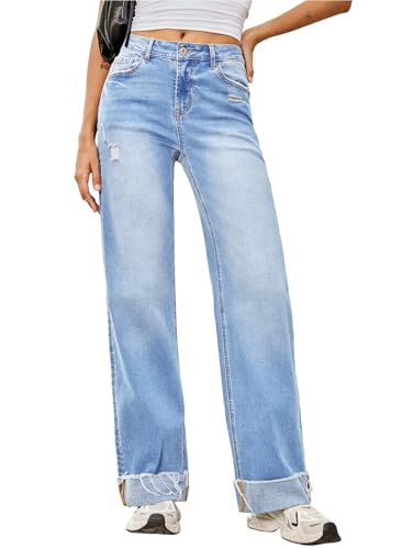 Sidefeel Women's Wide Leg Jeans High Waisted Stretchy Distressed Folded Hem Straight Leg Denim Pants Iceland Blue Size 8