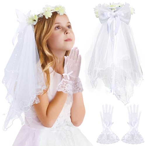 First Communion Veil and Gloves for Girls - Holy Catholic Veil with Gloves for 7-16 Girls 1st Communion Dress