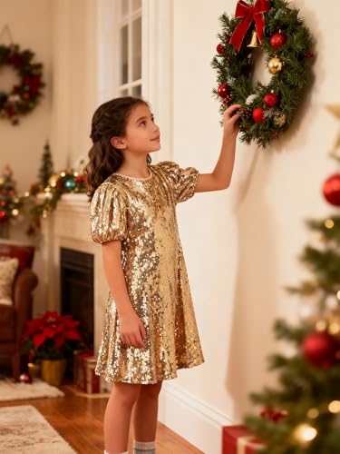 Image of WELAKEN Girls Ombre Sequin Dress Sparkly Fancy Short Puff Sleeves Gradient Party Dress
