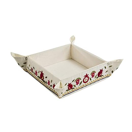 Matzah Plate - Tray - Box - Holder For Passover Bread - Yair Emanuel EMBROIDERED FOLDING BASKET POMEGRANATES (Bundle)