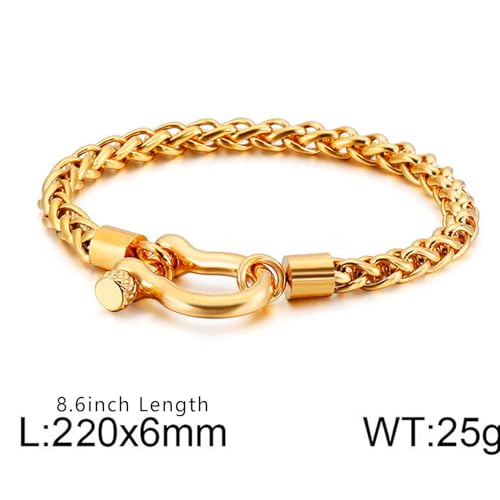Image of Chunky Charm Bracelet Stainless Steel Foxtail Wheat Chain Bracelet Heavy Screw Anchor Shackle Horseshoe Bracelets (Gold), Medium