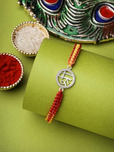 Image of Sukkhi Rakhi 925 Sterling Silver Radha-Krishna Idol Rakhi Bracelet for Men with Roli Chawal & Free Greeting Card with Certificate of Authenticity | 925 Silver Rakhi for Brother