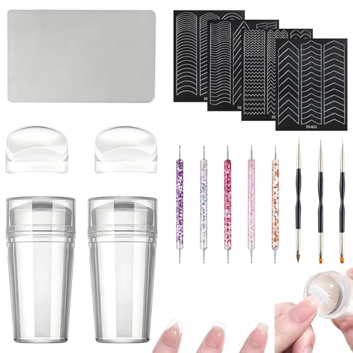 Nagelstempel Set French Stempel Nägel - 2 Nagelstempel mit Deckel 5 Dotting Pen 3 Nagel Pinsel 2 Stempelköpfe 4 Nagelaufkleber und 10 Nagelfeilen