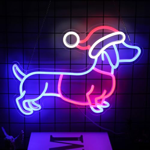 Image of Dachshund Neon Sign with Christmas Hat Weiner Dog LED Light for Party Decor