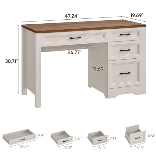 Image of Vabches Farmhouse Executive Desk with Storage and Ample File Drawer, Rustic Large Home Writing Desk for Bedroom, White