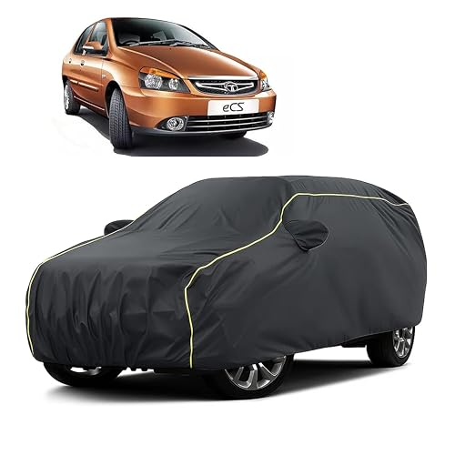 Image of Sulfar 100% Water Resistant Car Body Cover Compatible with Mirror for Tata Indigo ECS (Triple Stitched, Full Bottom Elastic, Dark Grey Taffeta with Yellow Piping)