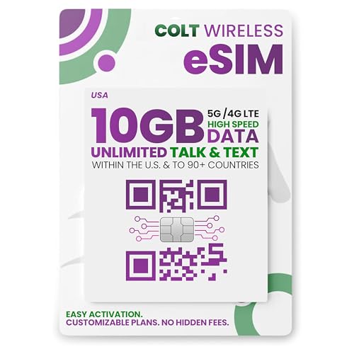 Colt Wireless 30-Day USA eSIM, Prepaid eSIM Card with 10GB 4G LTE/5G Unlimited Data, SIM Card for US, Talk & Text 90+ Countries, Prepaid Cell Phone Plan with Mobile Hotspot, Easy Activation