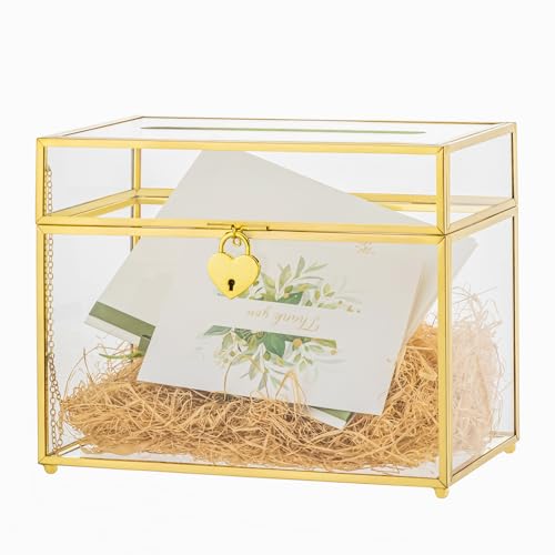 NCYP Goldene Glas Hochzeitskartenbox mit Schloss 25x14,2x19,8cm
