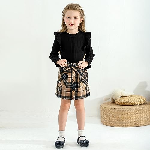 Image of Weixinbuy Toddler Girl Fall Winter Clothes Solid Long Sleeve Ribbed T-Shirt Knit Tops Plaid Button Mini Skirts Set Outfits