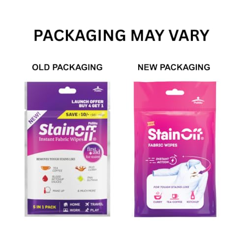 Image of StainOff Stain Remover Wipes For Tough Stains like Tea, Curry, Mud Stains, Helps Remove Stains from White and Coloured Clothes, Fabric (5 in 1 Pack)