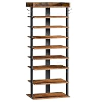 HOOBRO Narrow 9-Tier Tall Shoe Rack, Wooden Storage Organizer With 2 Hooks, Slim Shelf, Vertical Tower for Entrance, Industrial, Rustic Brown and Black EBF850XJ01