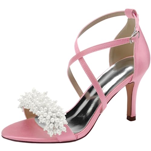 Sandales à talons et sangle croisée rose pour mariage et grandes soirées d'été