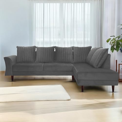 Image of Gratly RHS 4 Seater L Shape Sofa Set for Living Room (Dark Grey Colour) Premium Fabric Sofa