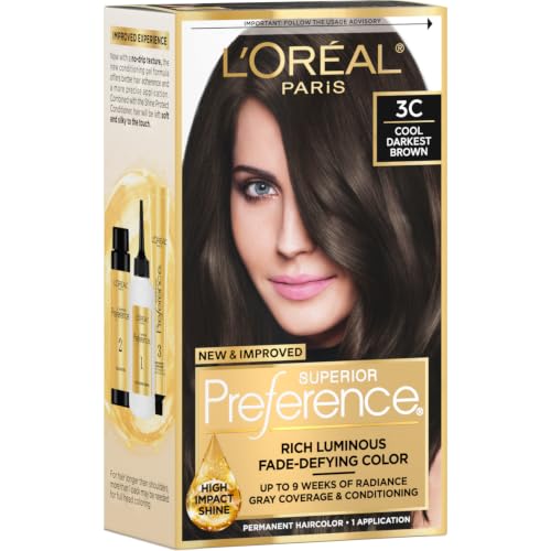 L'Oreal Paris Superior Preference Luminous Fade-Defying Permanent Hair Color, Hair Dye For Up to 9 Weeks of Radiance, Cool Darkest Brown 3C, 1 Hair Dye Kit
