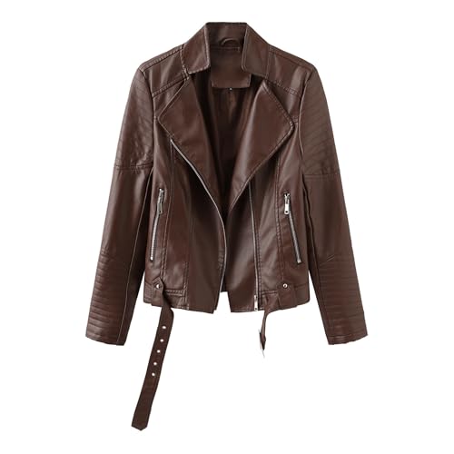 Silunma2021 Chaquetas de cuero fino de color sólido para mujer, con cremallera, casual, manga larga, abrigos elegantes de cuero cómodos (color café, S)