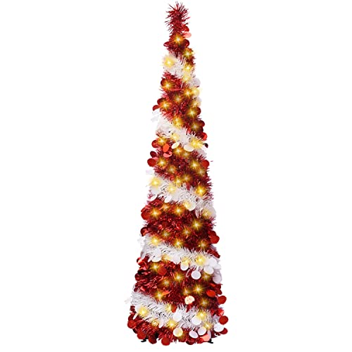 Collapsible Artificial Christmas Tree 5ft/ 1.5m Pop up Christmas Tinsel Tree with 100LED Lights Large Sequins Artificial Tree for Xmas Holiday Party Carnival Decorations