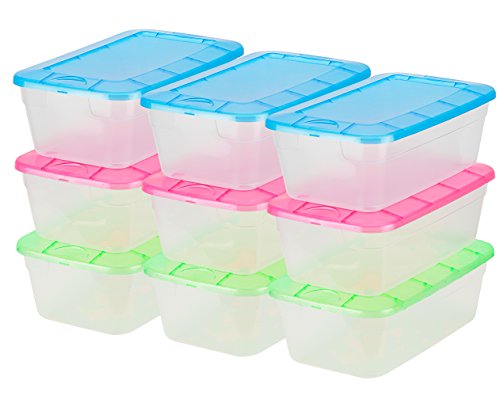 DecorRack Clear Plastic Storage Containers, Shoe Boxes, Stackable, Also Perfect for Toy Storage or as Cat and Dog Food Container, Assorted Colors (9 Pack)