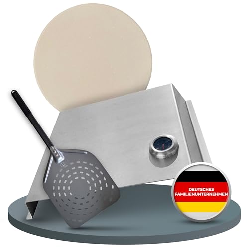 BABOSSA Pizzaset für den Grill – Komplettlösung mit Pizzastein, Pizzaschieber & Haube – alles für Pizza vom Grill wie beim Italiener – passt auf Gasgrill, Holzkohlegrill & viele Modelle