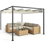Outsunny 4 x 3(m) Metal Outdoor Pergola with Retractable Roof, Outdoor Gazebo Canopy Shelter with Drainage Holes for Garden, Patio, Lawn, Cream White