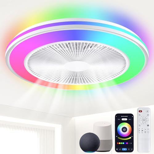 Smart WiFi&Bluetooth RGB Ceiling Fans with Lights and Remote,20'low profile ceiling fan with...