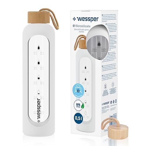 Wessper Botella de agua de cristal con marca de tiempo, a prueba de fugas, botella de cristal de borosilicato, sin BPA, botella de cristal motivadora con funda de silicona, 500 ml, color blanco