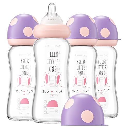 Image of YOHKOH Natural Glass Baby Bottle with Natural Response Nipple, Newborn Anti-Colic Baby Bottles, Wide Neck Mushroom Cap Baby Bottle, Clear ((8.8oz (Pack of 4), Purple-A)