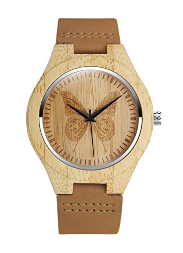 MicLee Montre à Quartz en Bois de Bambou, Montres en Bois pour Homme et Femme, Montre en Bois Naturel à Motif Papillon, Bracelet en Cuir, Cadran de Bois, Montre décontractée décorative