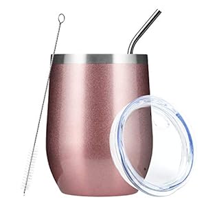 MEWAY Stemless 12 OZ Wine Tumbler Glasses with Lid -Insulated Double Wall Vacuum Stainless Steel Travel Tumbler with Straw,Gift for Woman Under 10 dollars (Rose gold,1)
