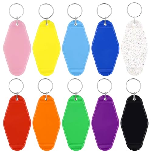 TKYPZY 10 Pcs Motel Keychain Blank Hotel Keychain Bulk Rhombus Key Tags Plastic Custom Vintage Keychains with Key Rings for DIY Keychain Crafts Ornament Luggage Tag Key Labels (10 Colors)