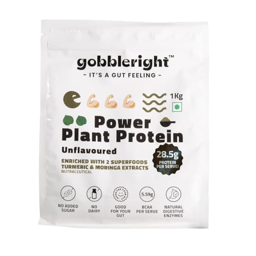 Image of GOBBLERIGHT Power Plant Protein Powder Unflavoured 1kg | 28.5g Protein Per Serve | No Added Sugar | Isolate & Concentrate Pea Rice Powder | 4.91g BCAA | No Bloat & Gut Friendly | Gluten Free & Vegan