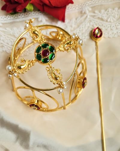 Image of Hair Bun Cage Accessory for Women | Handcrafted Brass Juda Cover with Stick | Anti-Tarnish Traditional Hair Accessory for Wedding & Festive (Padma Hair Bun (Golden))