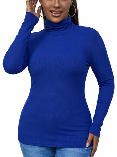 Blue Ribbed Turtle Neck Tops for Women(Blue Medium)