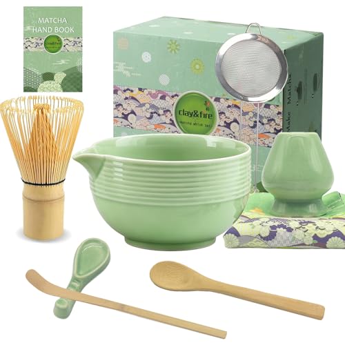 Clay&Fire Ceramic Matcha Whisk Set 9 pcs Matcha Bowl with Spout and Whisk Bamboo Matcha Kit Gifts for Women Matcha Lovers (Jade Green)