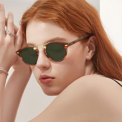 Image of CARFIA Small Face Acetate Polarized Sunglasses for Women UV Protection, Retro Double Bridge Eyewears Metal Brow Round Sunnies