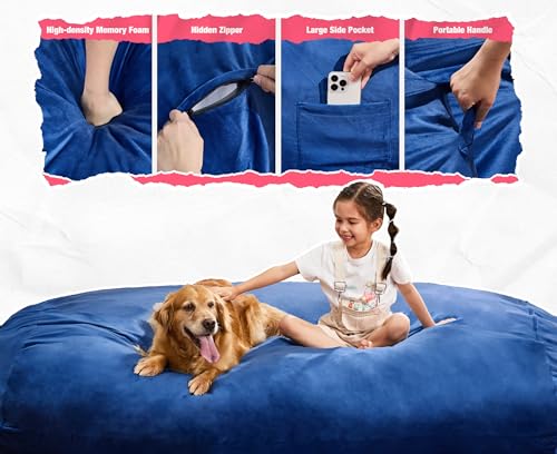 Image of Hobestluk 6FT Bean Bag Chair Large Beanbag Lounger with Removable Cover Adult Bean Bag Chair with Portable Handle Desgin for Living Room Bedroom (Blue, 6FT)