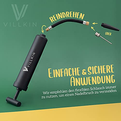 Villkin Ballpumpe mit Nadelfach im Griff - 4 Metallnadeln, 2 Kunststoffaufsätze, 1 Flexibler Schlauch - Luftpumpe für Fußball, Basketball, Volleyball, Handball - schwarz