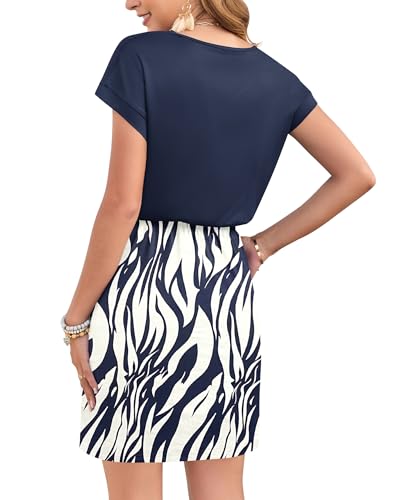 Image of AUSELILY Womens Summer Mini Dress, Short Sleeve V Neck Drawstring Casual | Tshirt dress with drawstring waist and pockets. Ideal sundress for daily outing, beach and vacation