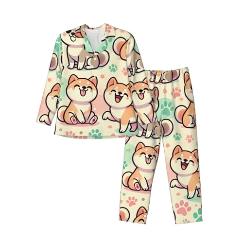 Mens Long Sleeves Pajama Set Shiba Inu Akita Funny Cozy Two-Piece Loungewear For Nighttime Comfort,Casual Wear