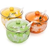 yarlung 3 Pack Ceramic Condiment Pot, 10 OZ Sugar Pepper and Salt Bowl with Lid and Spoon, Hand Painting Cherry Flower Seasoning Jar Spice Container for Kitchen, Dinning Table, 3 Colors