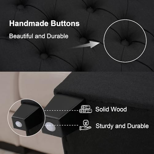 Image of 51 inch Storage Ottoman for Bedroom & Living Room, End of Bed Bench with Black Wooden Legs, Linen Upholstered Tufted Ottoman, Entryway Storage Bench, Black